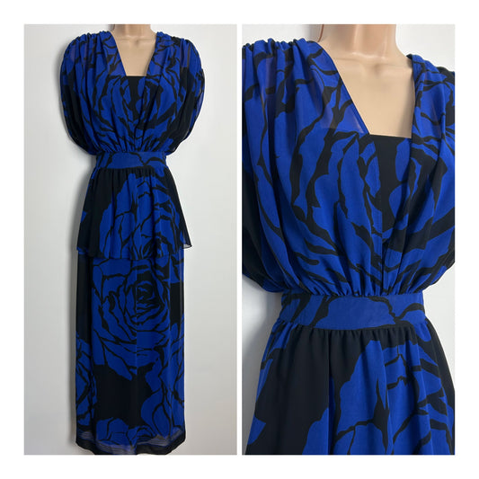 Vintage 1980s UK Size 8 Black & Blue Floral Print Short Drop Sleeve Layered Maxi Dress