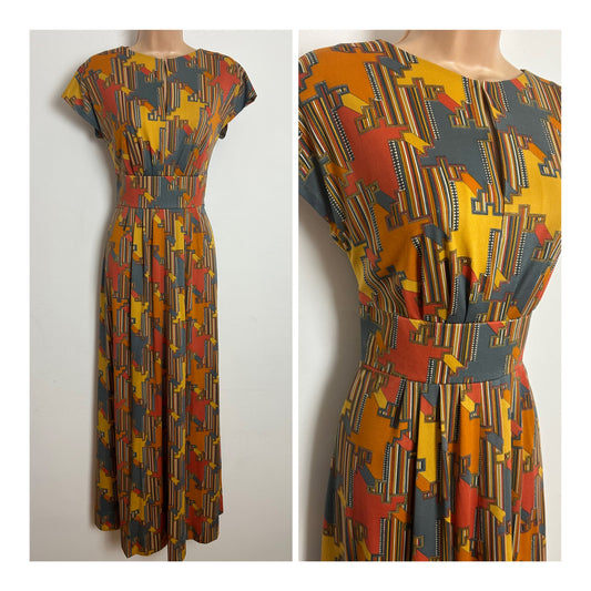 Vintage 1970s EASTEX Size 8-10 Mustard Orange & Grey Abstract Print Short Sleeve Maxi Dress