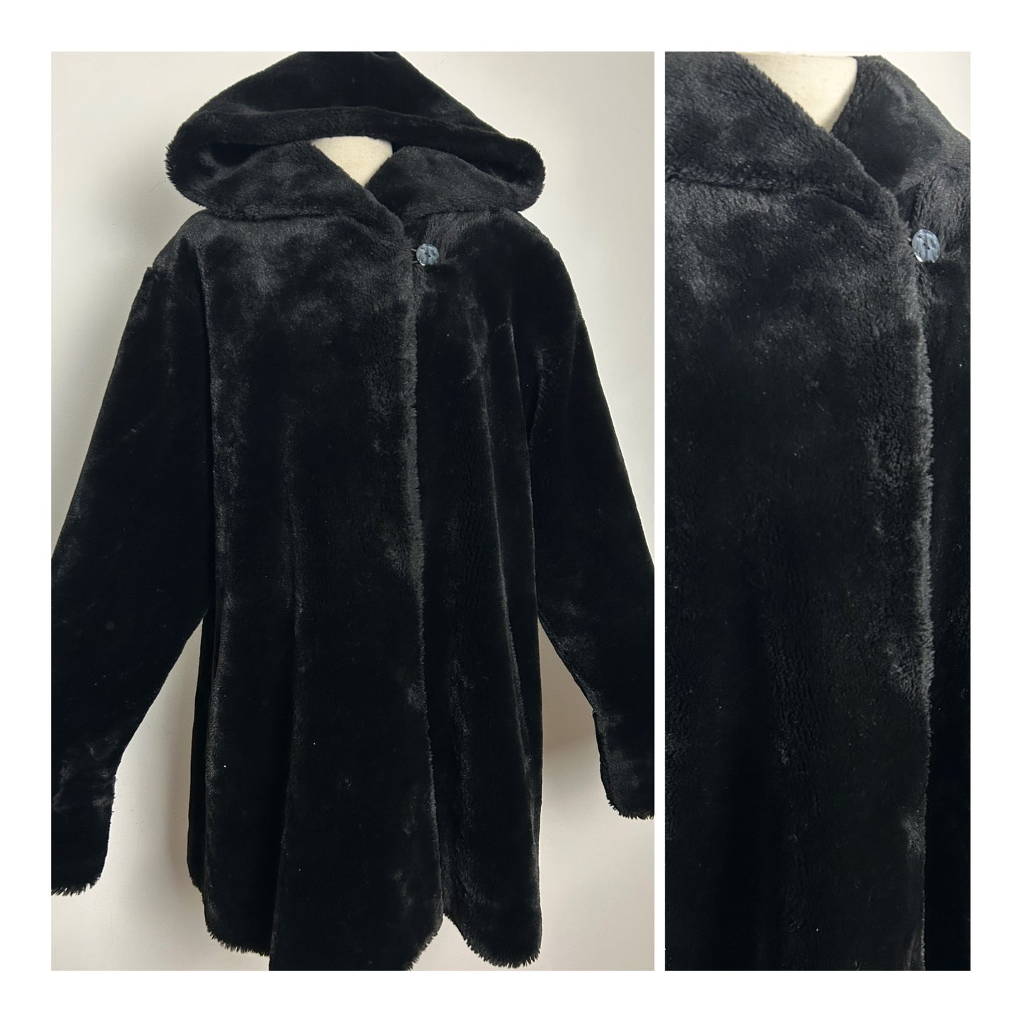 Vintage 1980s CLASSICS Up To Size 16 Black Hooded Faux Fur Coat