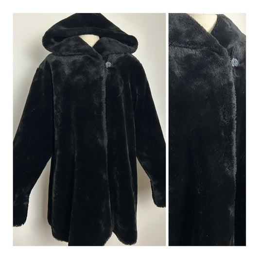 Vintage 1980s CLASSICS Up To Size 16 Black Hooded Faux Fur Coat