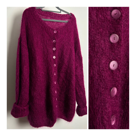 Vintage 1980s One Size Up To 16 Slouchy Overized Magenta Mohair Mix Long Line Cardigan