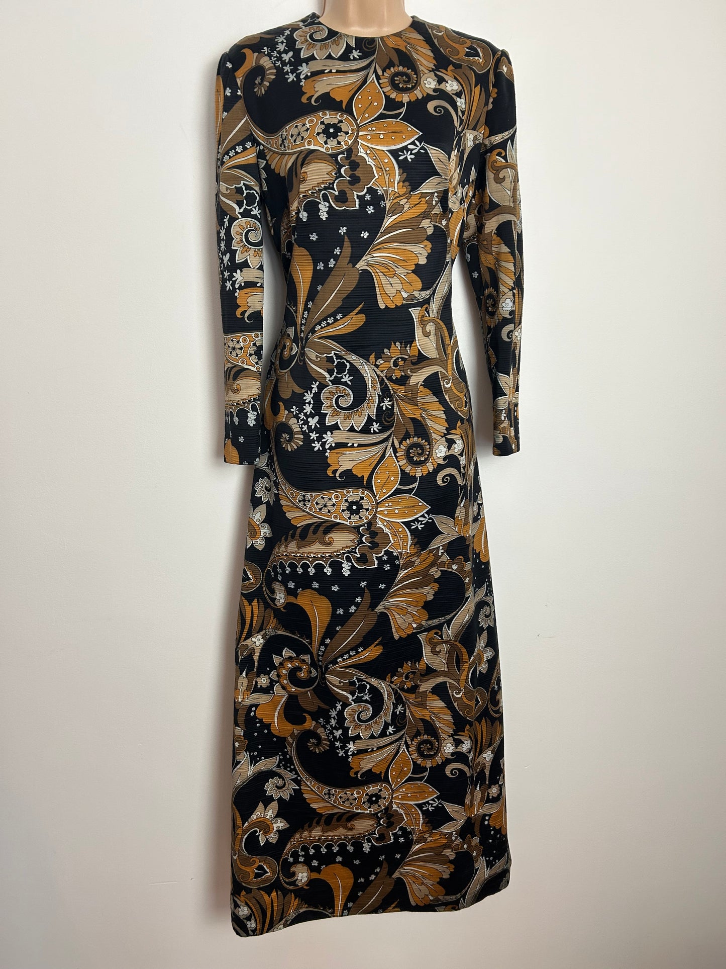Vintage 1970s UK Size 8 Black Beige Brown & Orange Floral & Paisley Print Long Sleeve Boho Maxi Dress
