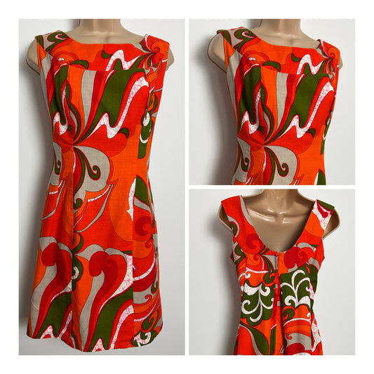 Vintage 1960s MADE IN HAWAII Size 8-10 Orange Red & Green Psychedelic Print Cotton Mini Shift Dress