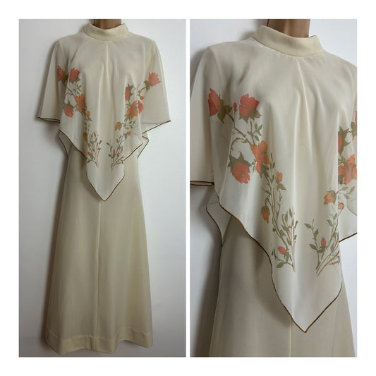 Vintage 1970s UK Size 12 Cream & Orange Floral Print Capelet Cape Sleeve Boho Occasion Maxi Dress