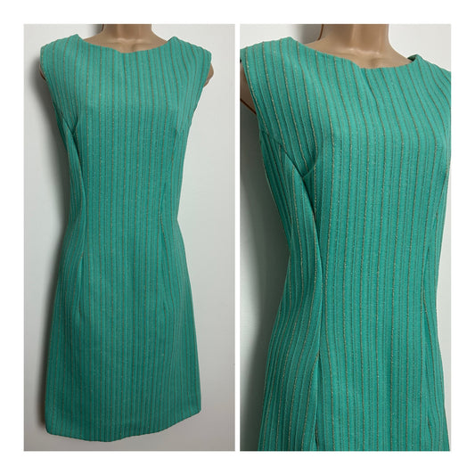 Vintage 1960s Size 10 Seafoam Green & Gold Pinstripe Crimplene Mod Shift Party Dress