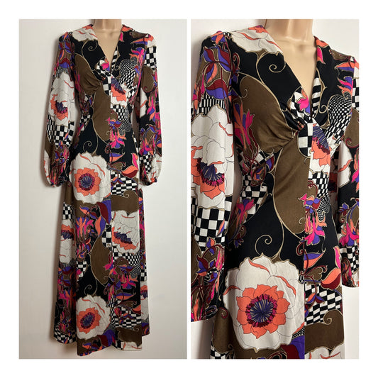 Vintage 1970s UK Size 8-10 Black Brown White Orange & Pink Abstract Floral & Geo Print Long Sleeve Maxi Dress
