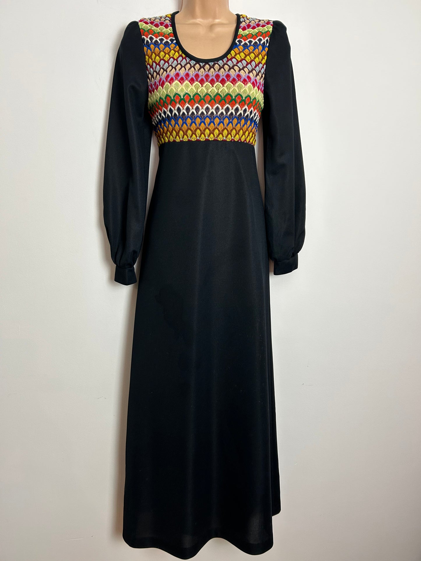 Vintage 1970s UK Size 8 Black & Multi Colour Lace Bodice Long Sleeve Boho Maxi Dress