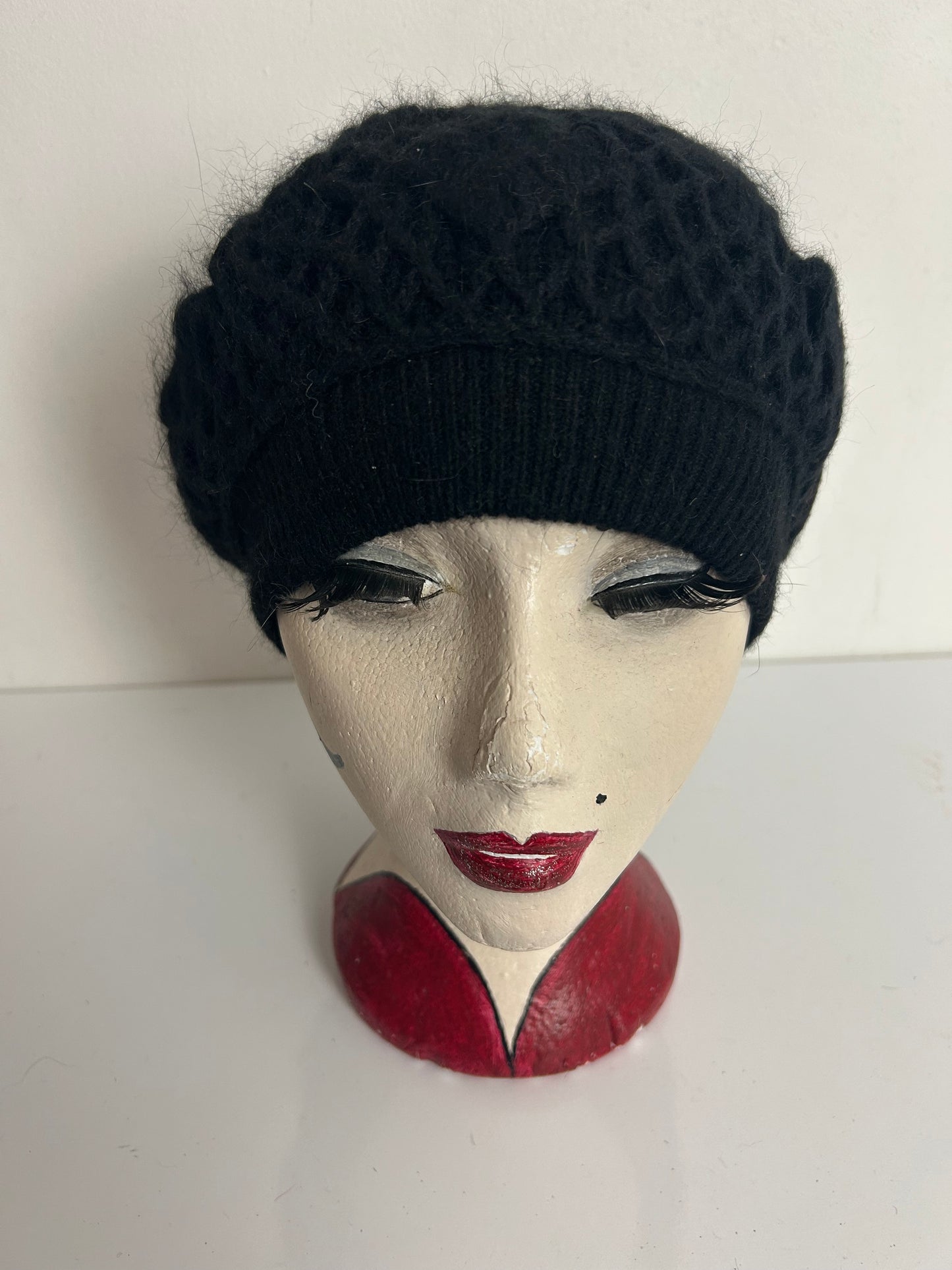 Vintage Black Crochet Wool & Angora Mix Beret Hat