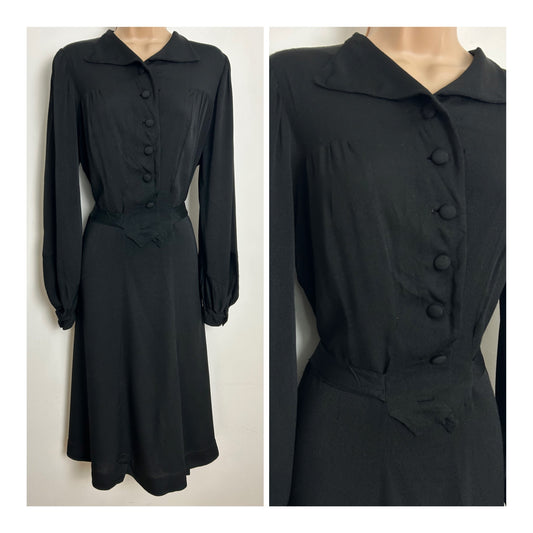Vintage Original 1940's Size 14-16 Black Rayon Long Sleeve Midi Dress
