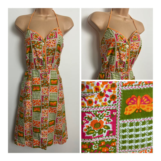 Vintage 1970s Size 10 Cute Orange & Green Floral Check & Butterfly Print Cotton Sundress
