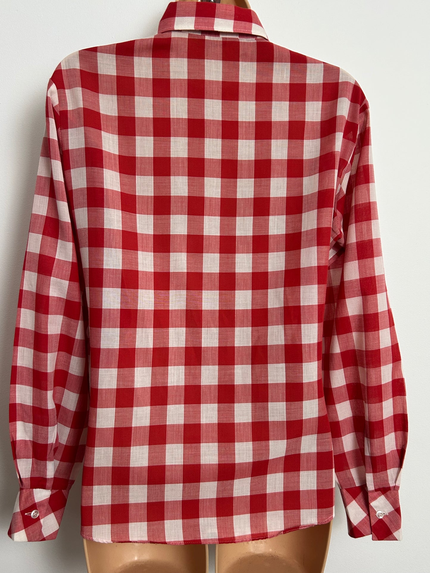 Vintage 1970s Size 14-16 Red & White Check Print Cotton Mix Long Sleeve Shirt