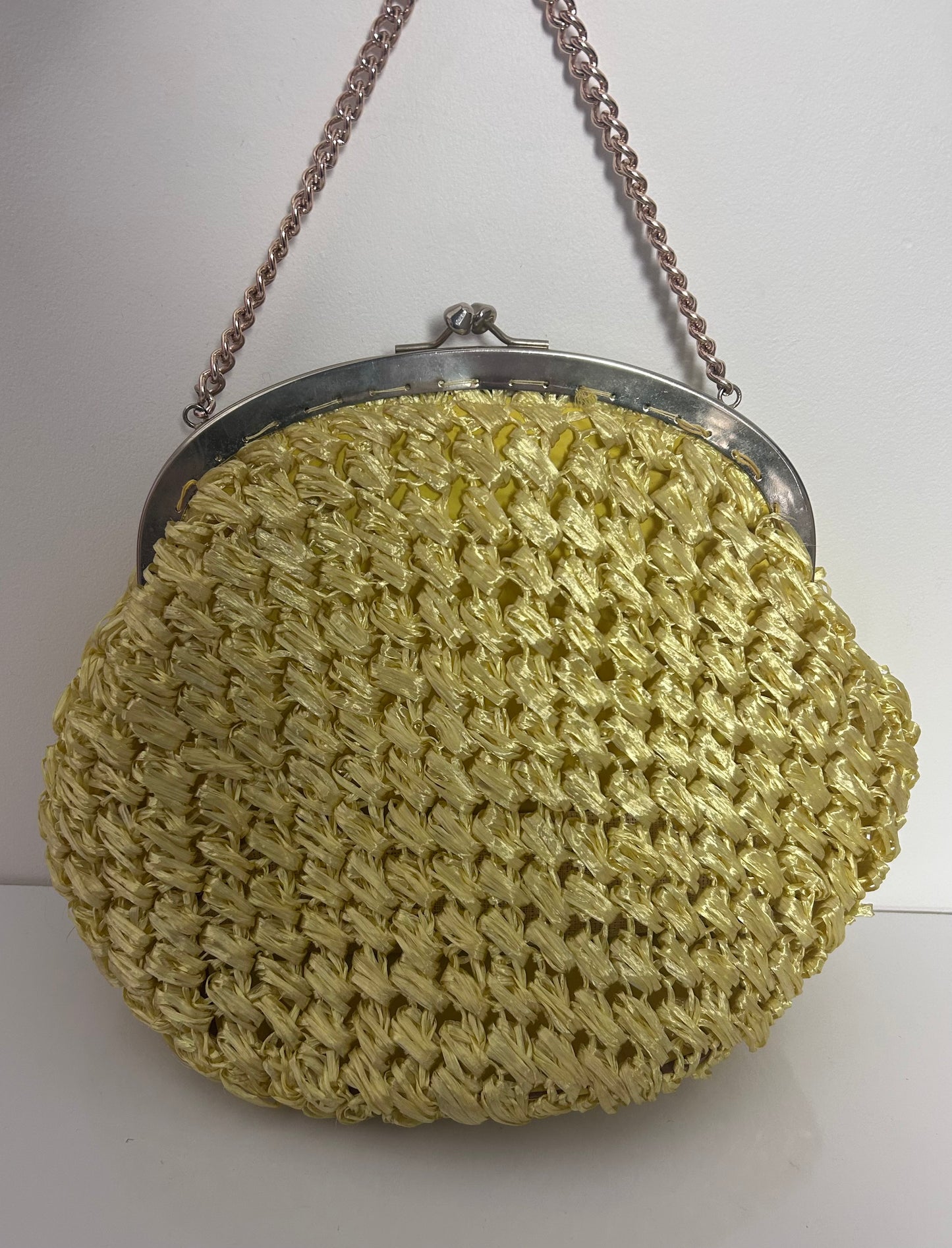 Vintage 1960s Large Lemon Raffia Style Woven Handbag With Small Silver Chain Strap.