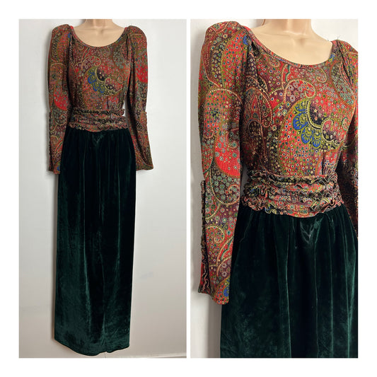 Vintage 1980s/1990s UK Size 6-8 Dark Red & Green Paisley Print Velvet/Velour Maxi Dress