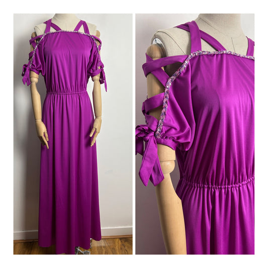 Vintage 1980s UK Size 14 Purpley Magenta Criss Cross Ladder Detail Shirt Sleeve Occasion Evening Maxi Dress