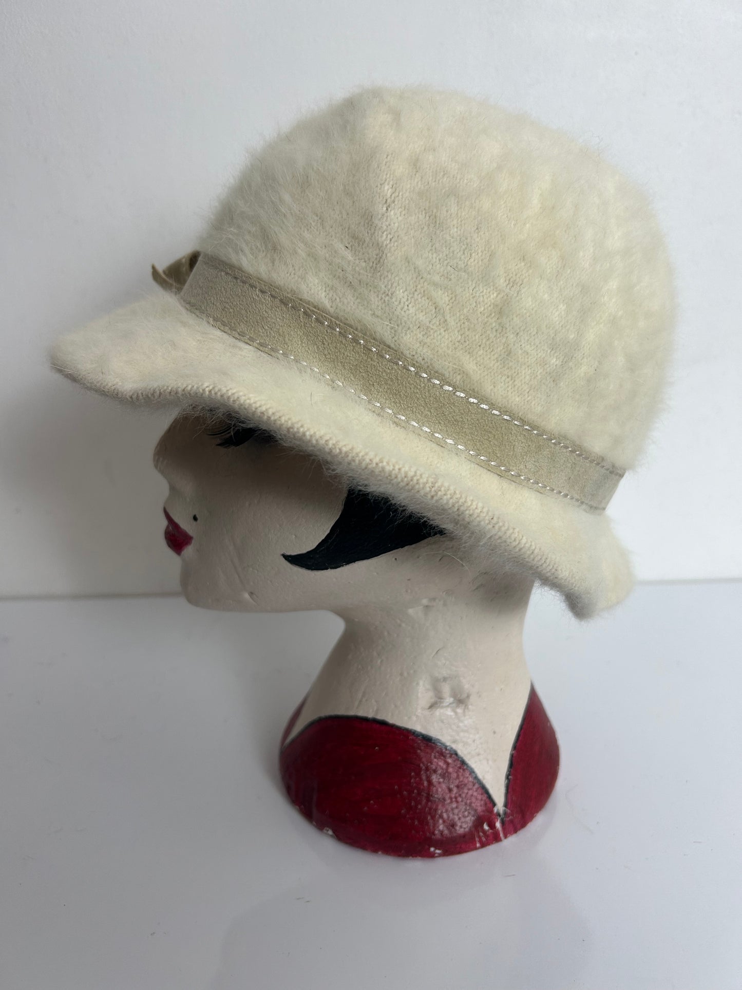 Vintage 1970s Austrian Cream Super Soft Angora Mix Braid & Feather Trim Hat