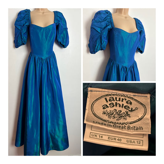 Vintage 80s LAURA ASHLEY UK Size 8-10 (Size 14 On Label) Petrol Blue Iridescent Short Puffed Sleeve Maxi Length Ballgown Occasion Dress