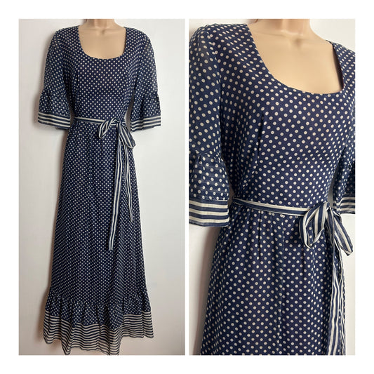 Vintage 1970s KATI At Laura Phillips UK Size 10 Navy Blue & White Polka Dot & Stripe Print Cotton Mix Belted Boho Maxi Dress