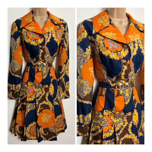 Vintage 1970s UK Size 14 Orange Brown Yellow & Blueish Grey Floral Print Double Collared Belted Pleated Mod Dress
