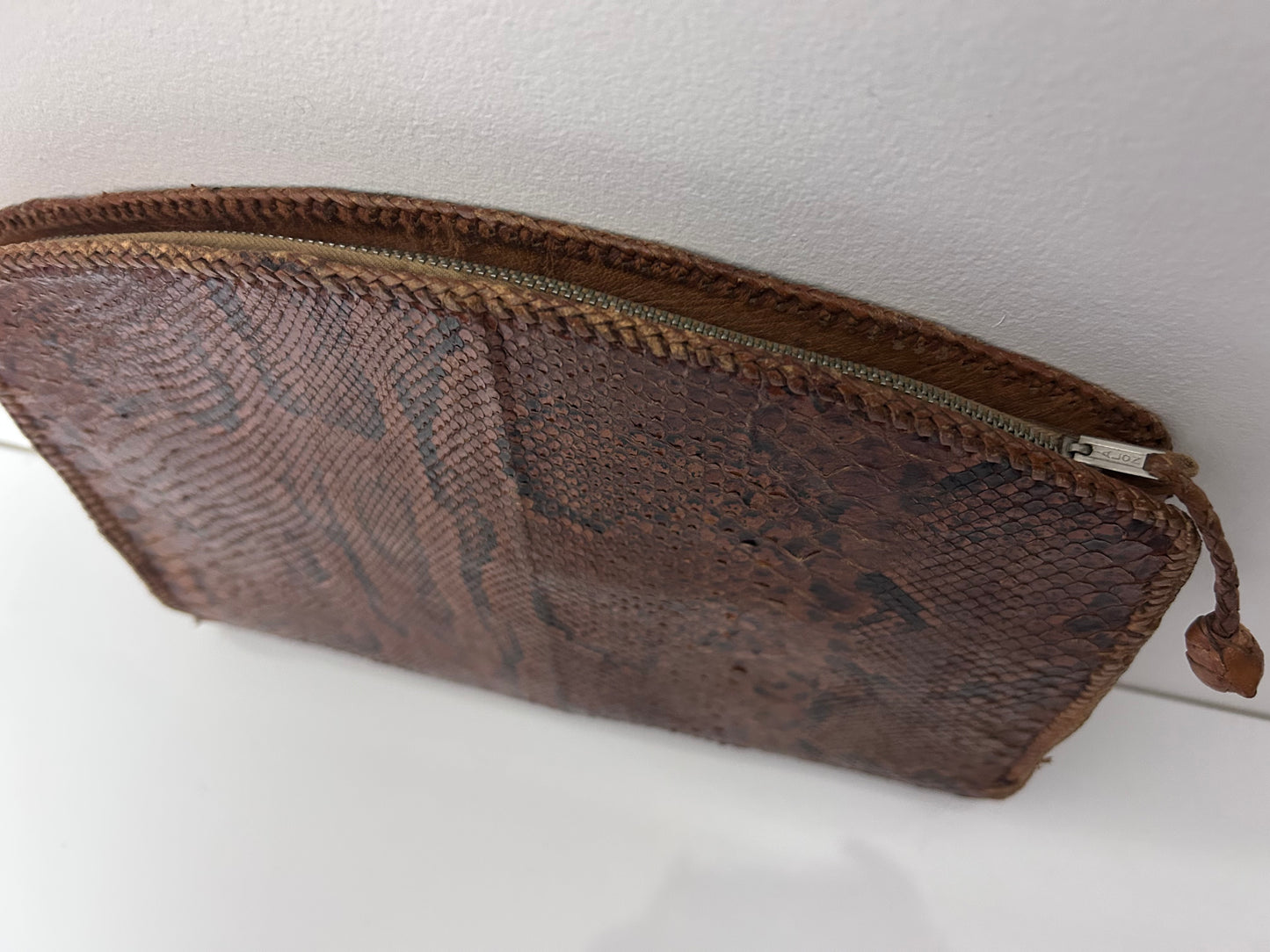 Vintage 1970s Large Brown Reptile Snake Skin Leather Folder Wallet Style Clutch Bag