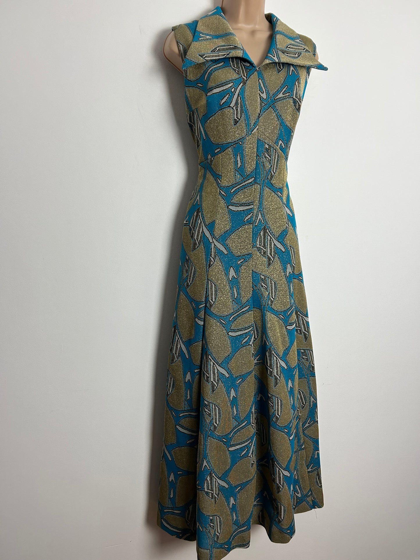 Vintage 1970s CANDA UK Size 12 Turquoise & Gold Abstract Print Lurex Occasion Evening Maxi Dress