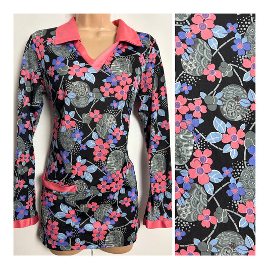 Vintage 1970s UK Size 8 Black Pink Grey & Blue Floral & Abstract Print Long Sleeve Top With Pocket
