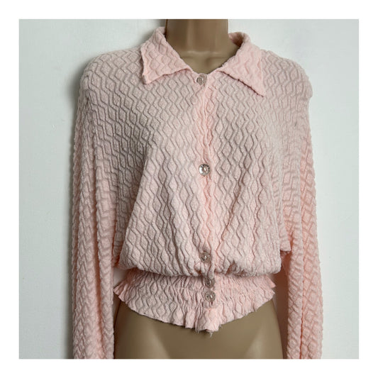 Vintage 1960s Size 10 Pale Pink Textured Diamond Pattern Long Sleeve Bed Jacket