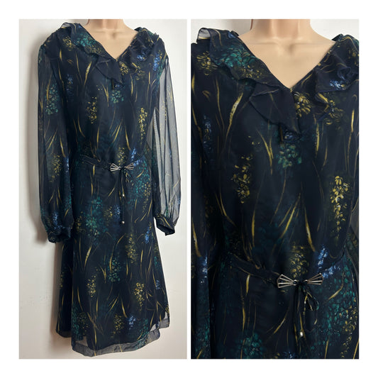 Vintage 1970s Size 18 Darkest Blue Yellow Green & Blue Floral Ruffle Trim Belted Chiffon Day Dress