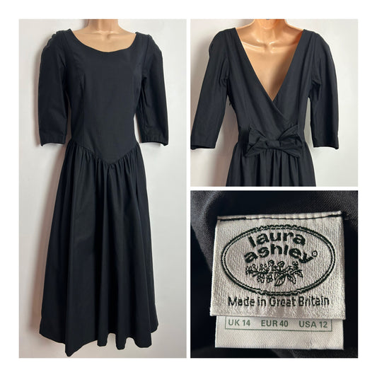 Vintage 1980s LAURA ASHLEY UK Size 12 (14 On Label) Black Surplice Bow Back Dress