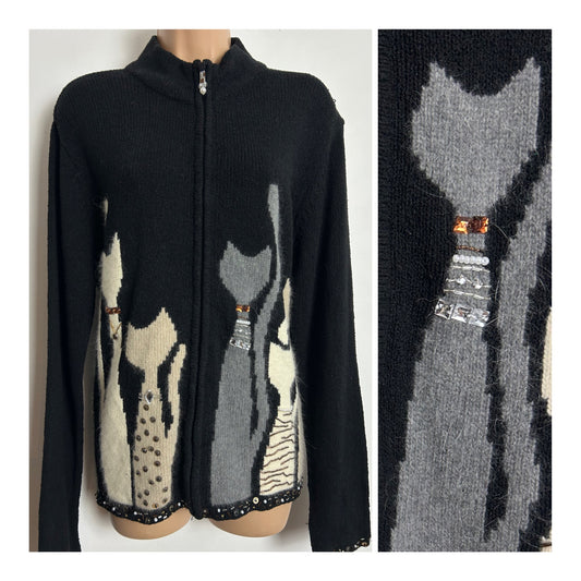 Vintage 1980s Up To Size 14-16 Black Beige Grey & Cream Novelty Cat Print Cardigan