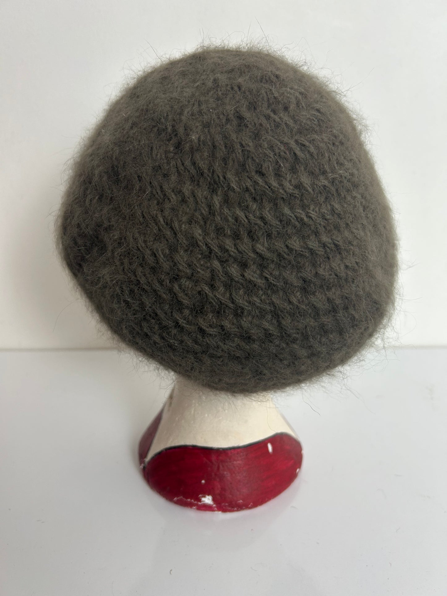 Vintage Khaki Army Green Chunky Knit Angora Mix Beanie Beret Style Hat