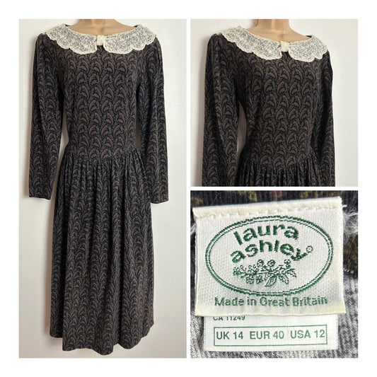 Vintage 1980s LAURA ASHLEY UK Size 12 (Size 14 On The Label) Black Purple & Green Paisley Needlecord Lace Collar Midi Dress