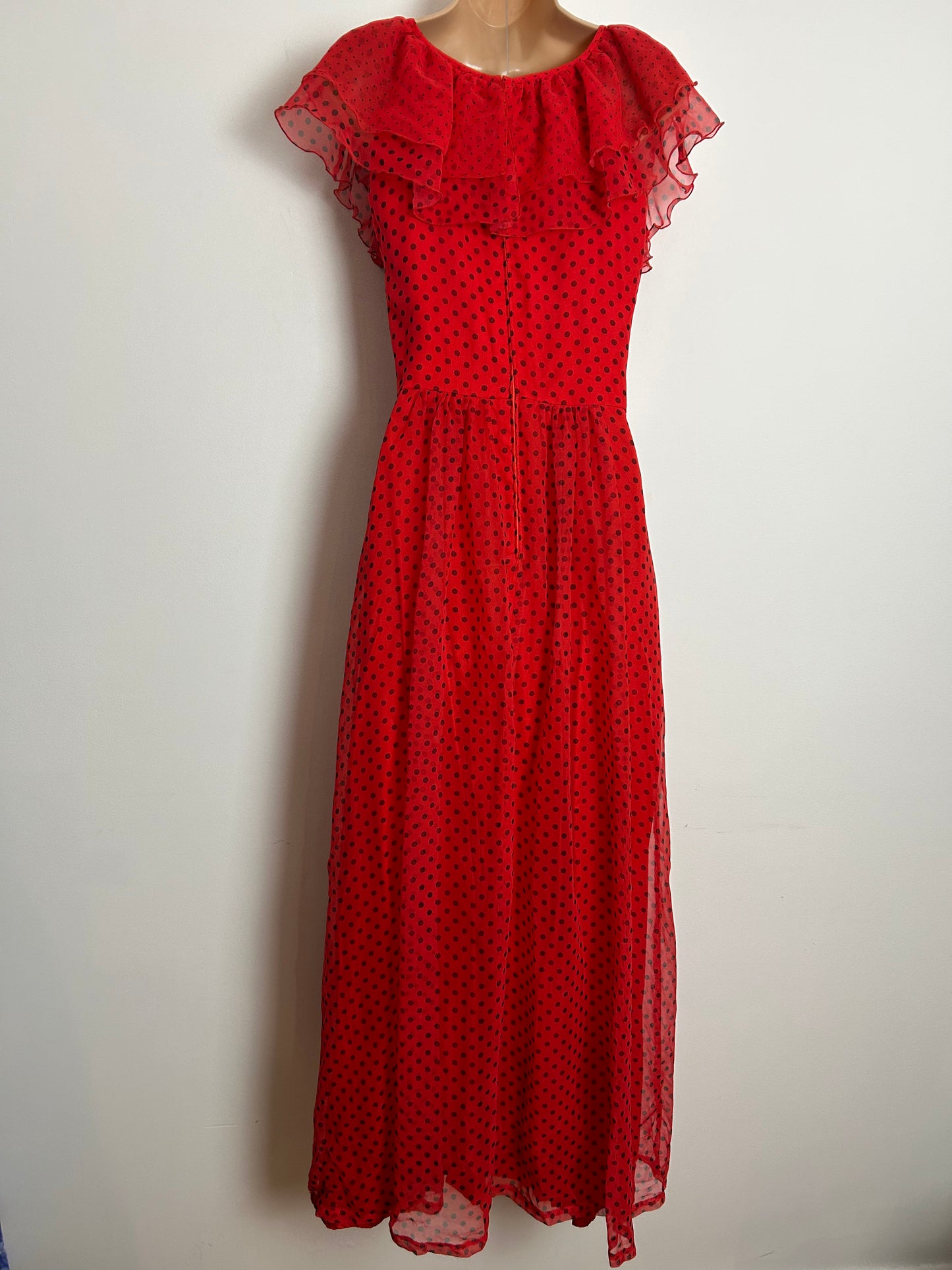 Vintage 1970s UK Size 6 Red & Black Polka Dot Ruffle Trim Boho Chiffon Maxi Dress