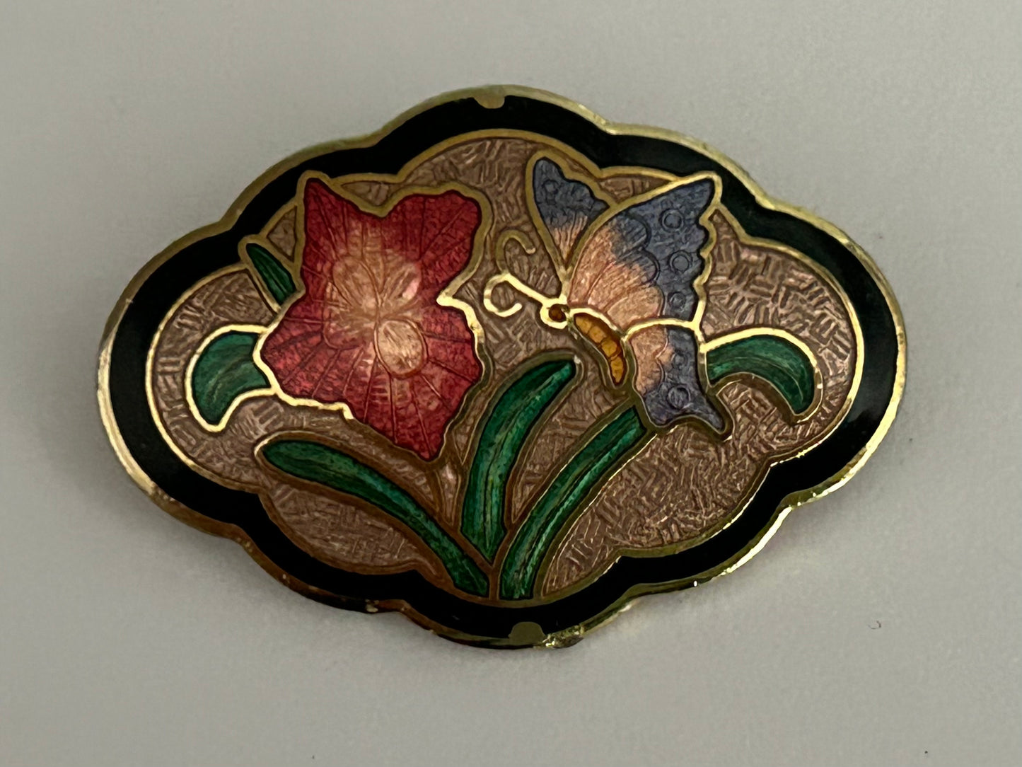 Vintage Pretty Gold Tone & Cloisonne Enamel Flower & Butterfly Pin Brooch