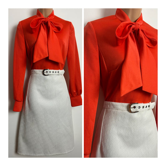 Vintage 1970s LEROSE Size 8-10 Orange & White Pussy Bow Belted Crimplene Mod Dress