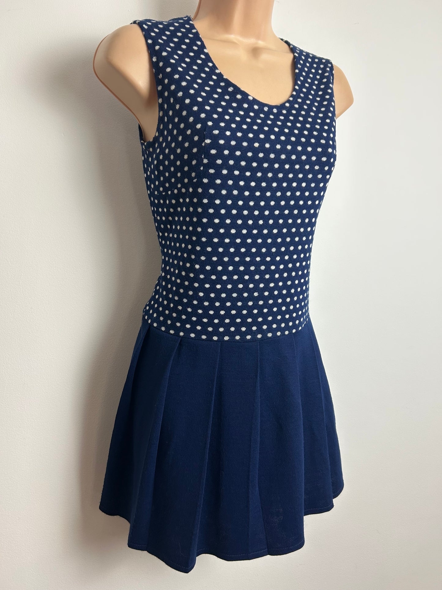 Vintage 1960s Size 8 Navy Blue Polka Dot Pleated Mini Mod Suit: Dress & Matching Jacket