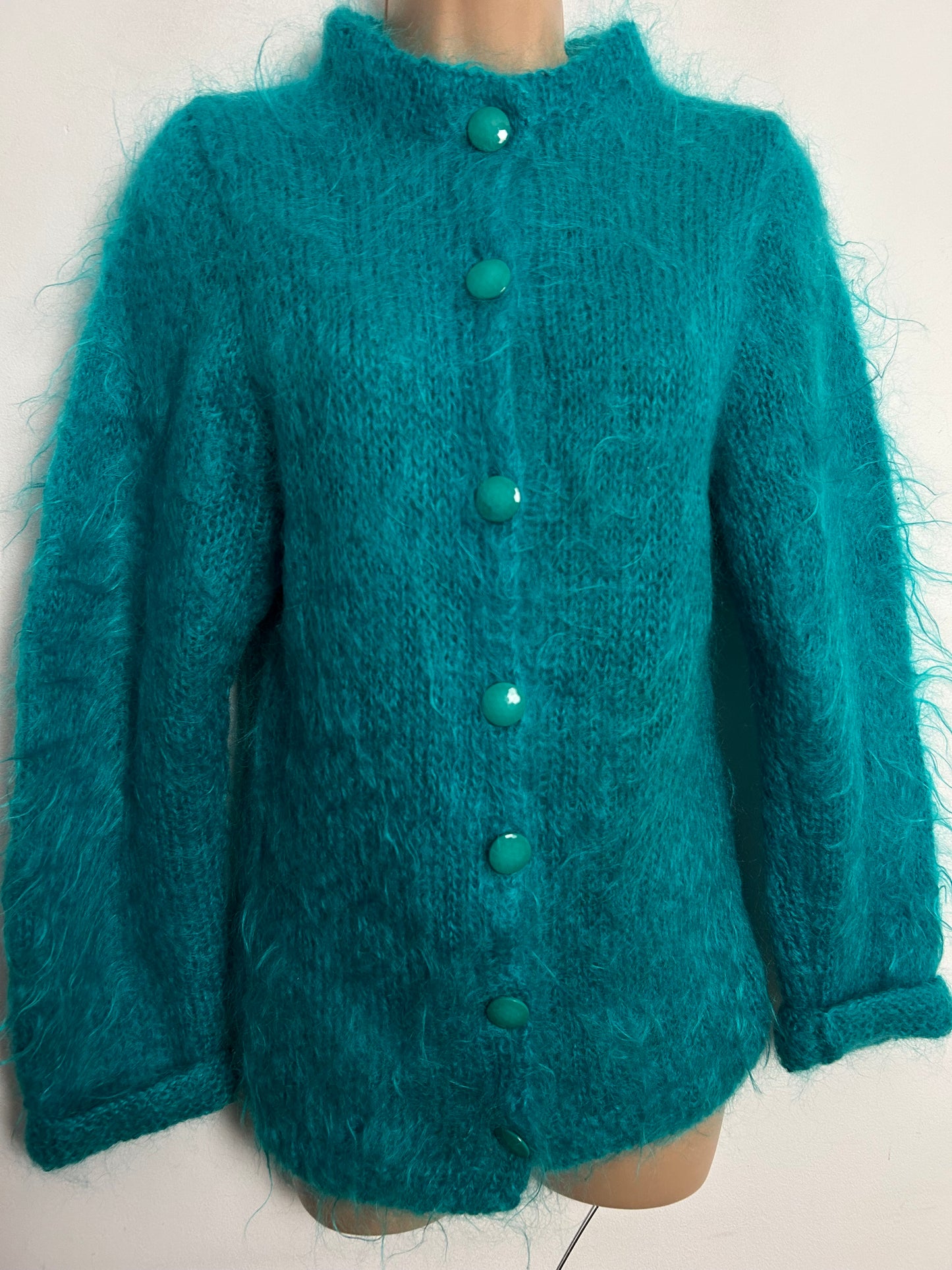 Vintage 1980s Size 8-10 Dark Turquoise Mohair Mix Long Sleeve Cardigan