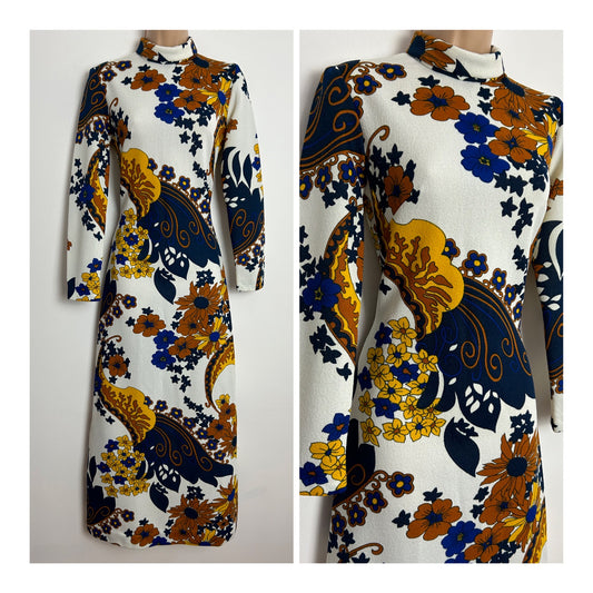 Vintage 1970s UK Size 8 White Navy Blue Brown & Yellow Psychedelic Floral Print Long Sleeve Maxi Dress