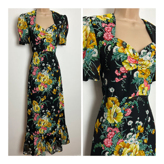 Vintage 1970s GIGI Size 10 Black Dark Yellow & Green Floral Print Short Sleeve Tie Back Maxi Dress