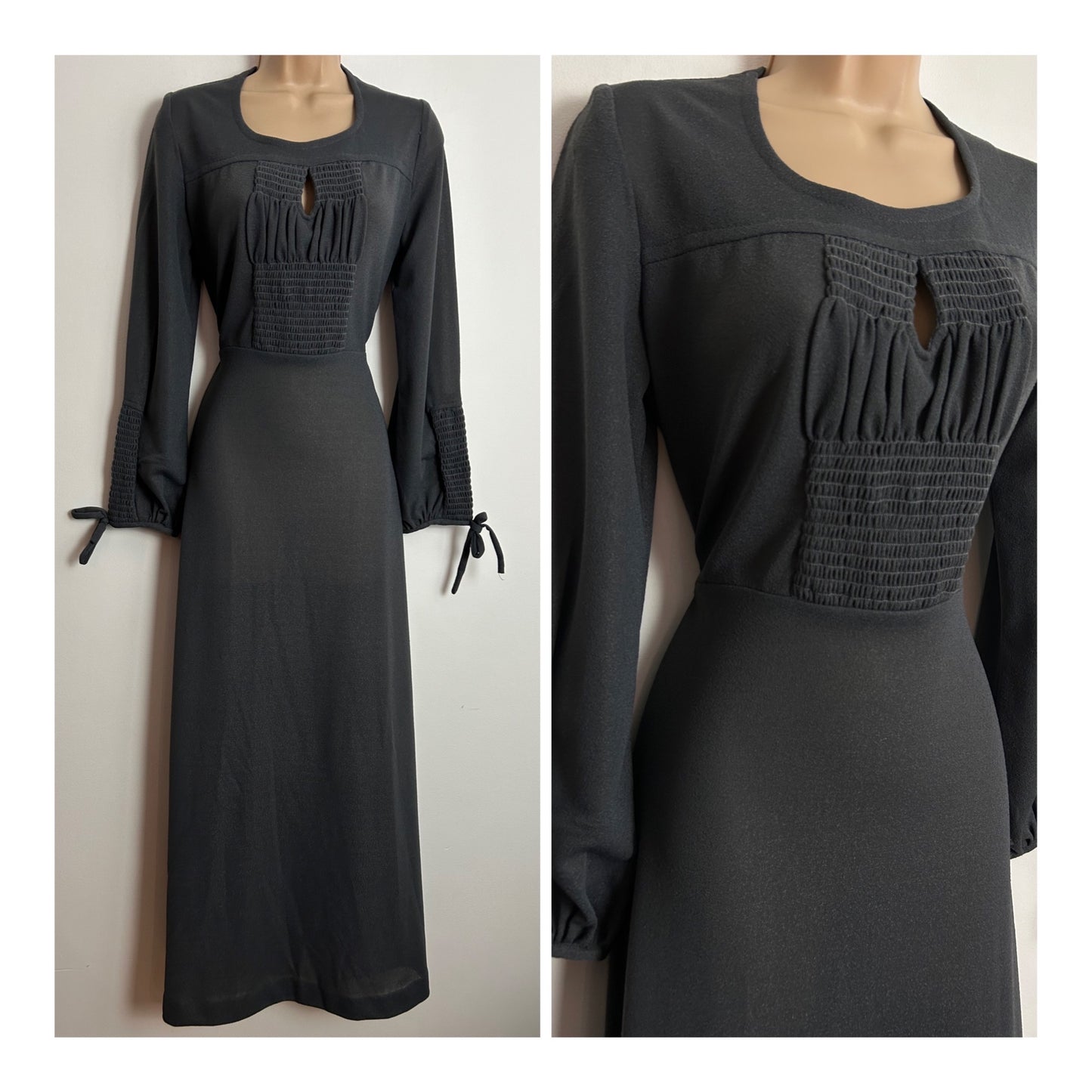 Vintage 1970s UK Size 10 Slate Grey Shirred Detail Keyhole Detail Long Sleeve Boho Maxi Dress