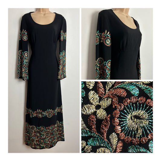 Vintage 1960s JACQUES D'ORLY UK Size 12 Black Gold Bronze Silver & Turquoise Metal Embroidered Long Sleeve Occasion Evening Maxi Dress