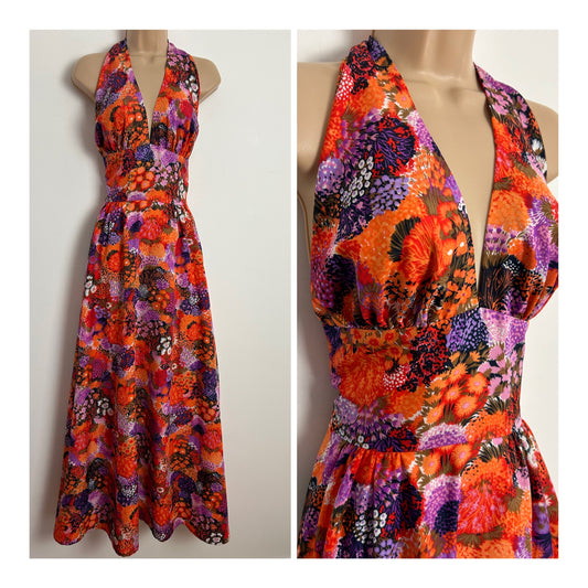 Vintage 1970s UK Size 10 Orange Purple Pink & Red Floral Print Halter Neck Summer Maxi Dress