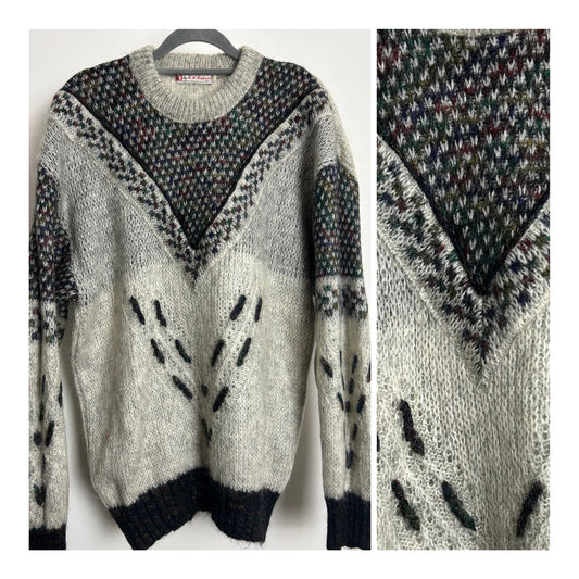 Vintage 1980s Up to Size 14 Grey Tones Mohair Mix Semi Chunky Winter Jumper
