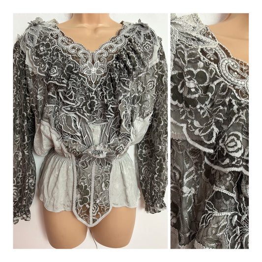 Vintage 80s 90s UK Size 12 Gorgeous Silvery Grey Lace Ruffle Trim Long Sleeve Top