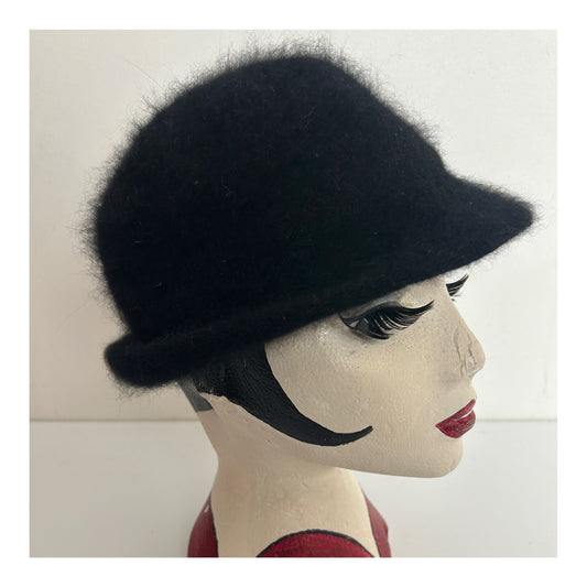 Vintage Italian Black Angora & Wool Mix Small Peaked Hat