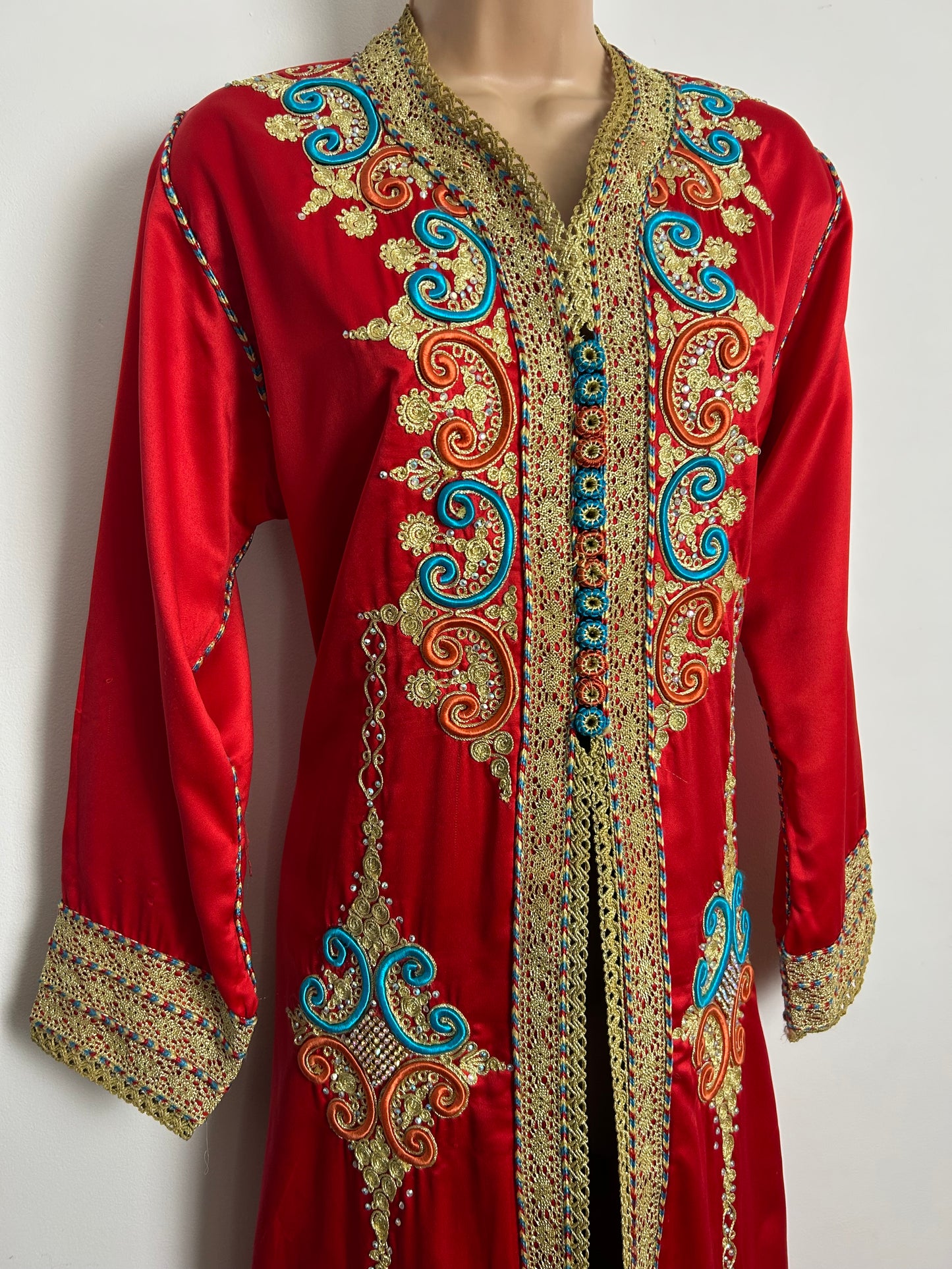 Vintage Up To Size 12 Beautiful Red & Gold Satin Highly Detailed & Embellished Kaftan