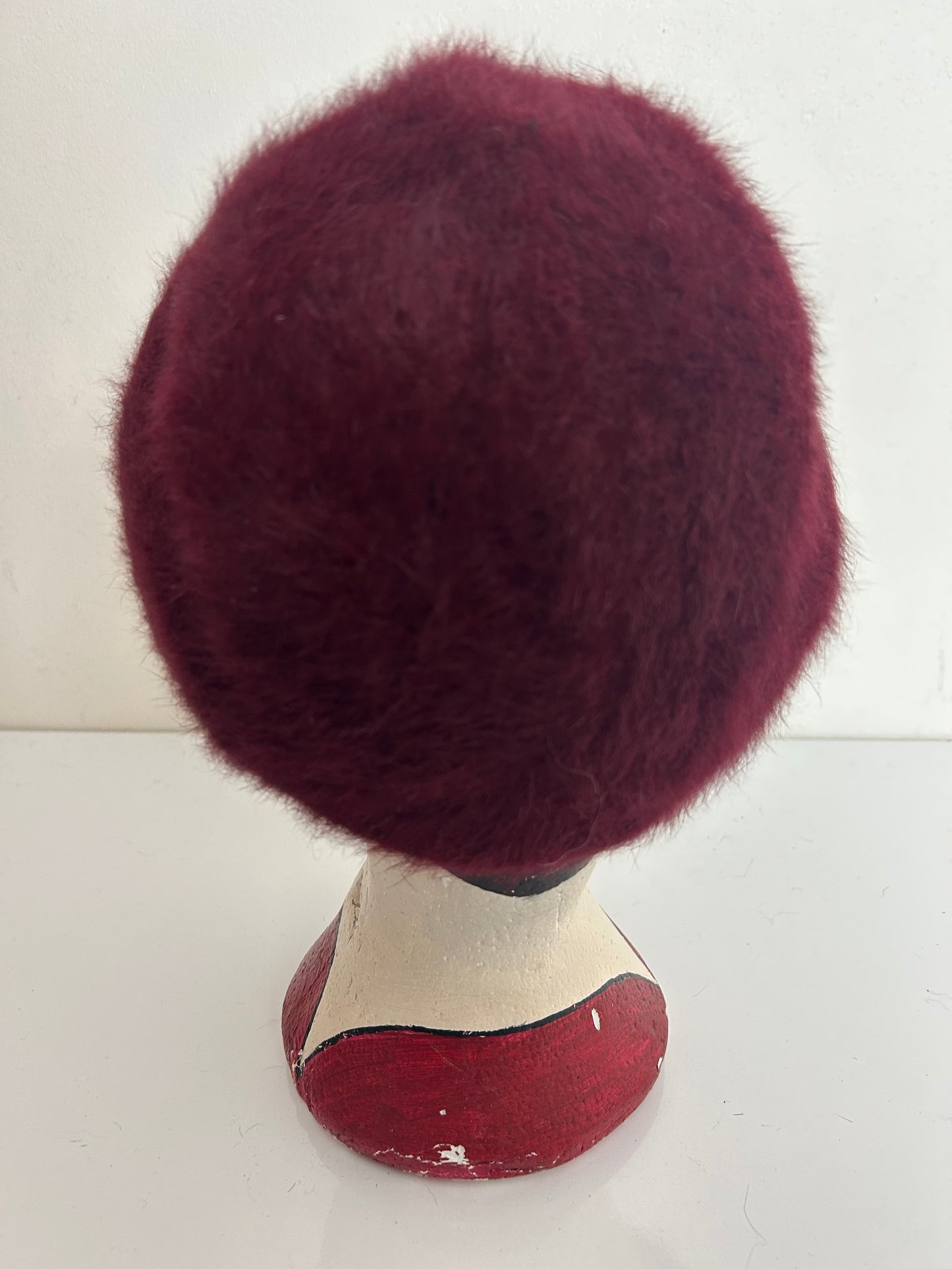 Vintage 1960s Maroon Angora Mix Pill Box Style Hat