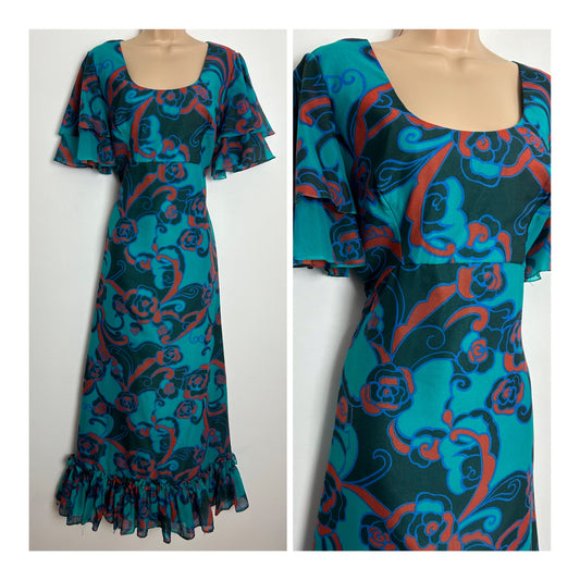 Vintage 1970s CALIFORNIA UK Size 12-14 Beautiful Teal Orange & Dark Green Floral Print Maxi Dress