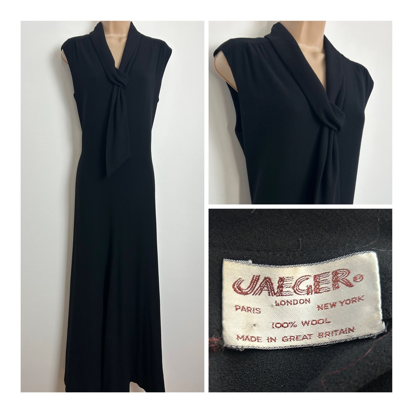Vintage 1970s JAEGER Size 12-14 Black 100% Wool Sleeveless Scarf Neck Occasion Maxi Dress