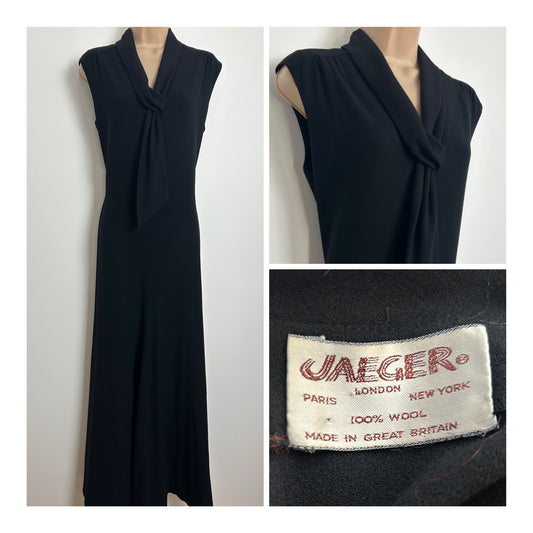 Vintage 1970s JAEGER Size 12-14 Black 100% Wool Sleeveless Scarf Neck Occasion Maxi Dress