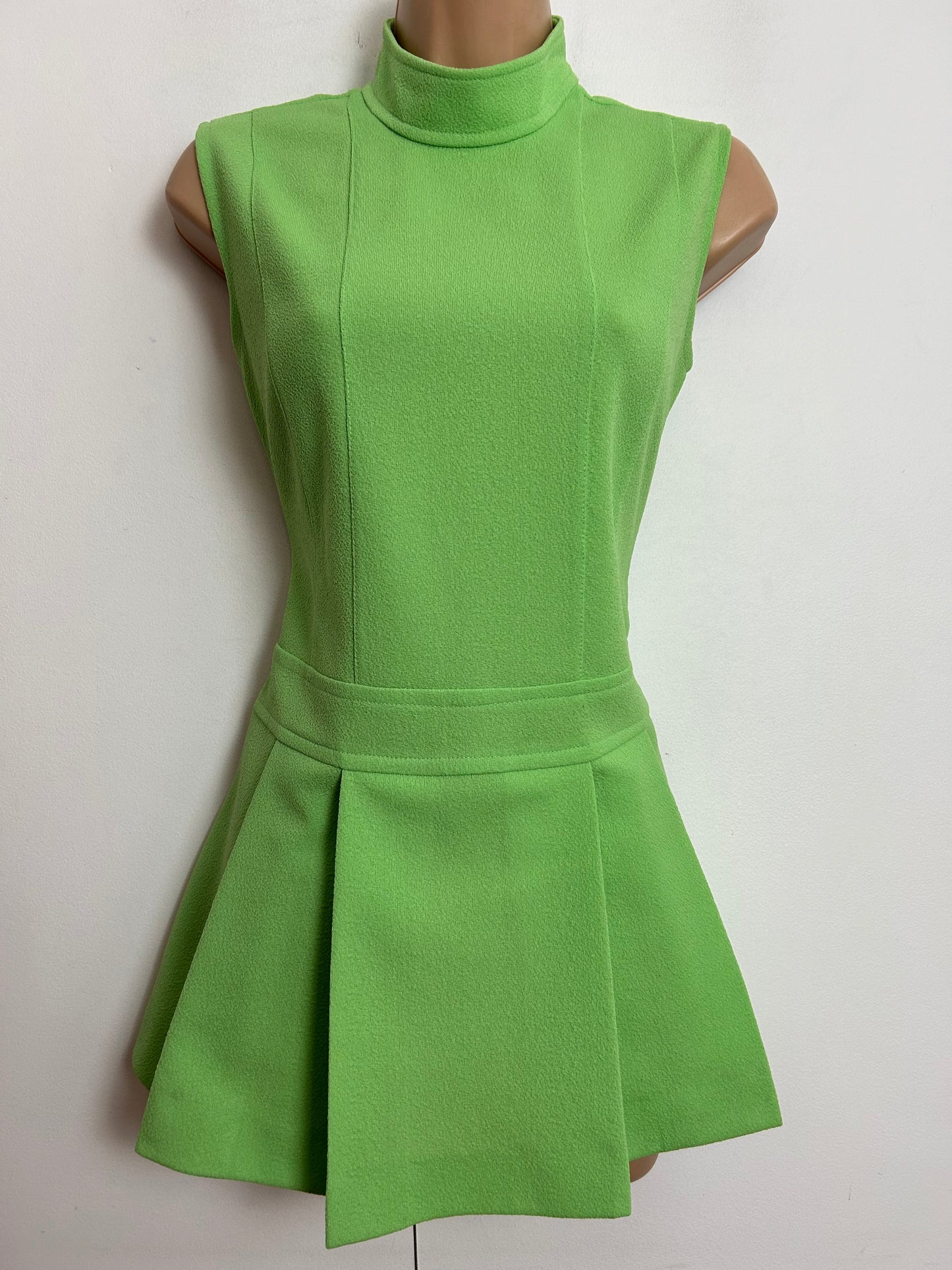 Vintage 1960s UK Size 8-10 Lime Green Crimplene Sleeveless Pleated Mod Micro Mini Dress